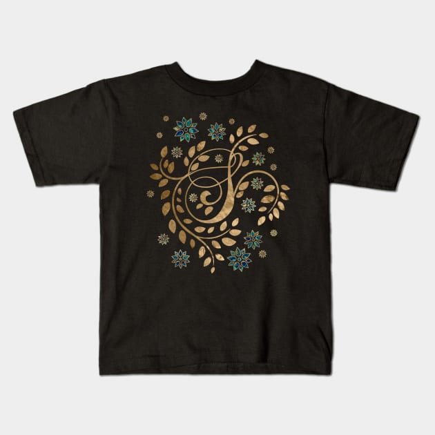 Luxury Golden Calligraphy Monogram with letter S Kids T-Shirt by Nartissima